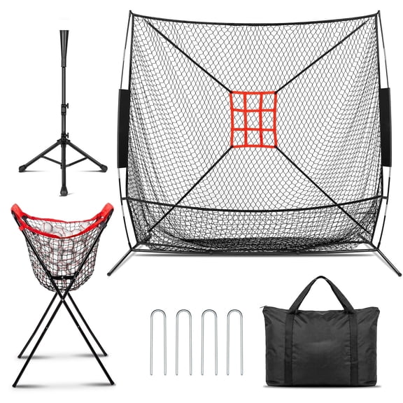 WEEPLAM 7×7FT Baseball Net with Batting Tee & Ball Caddy | Height Adjustable 27"-43"for All Players,Baseball&Softball Training Set for Hitting,Pitching,Included CarryBag,Ground Stakes
