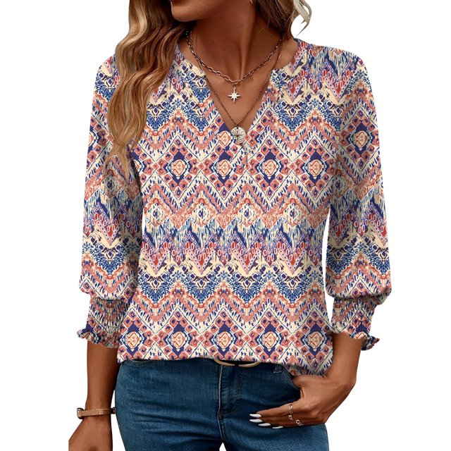 Blusa LOMON con estampado floral y manga 3/4 con cuello en V para mujer, naranja XL