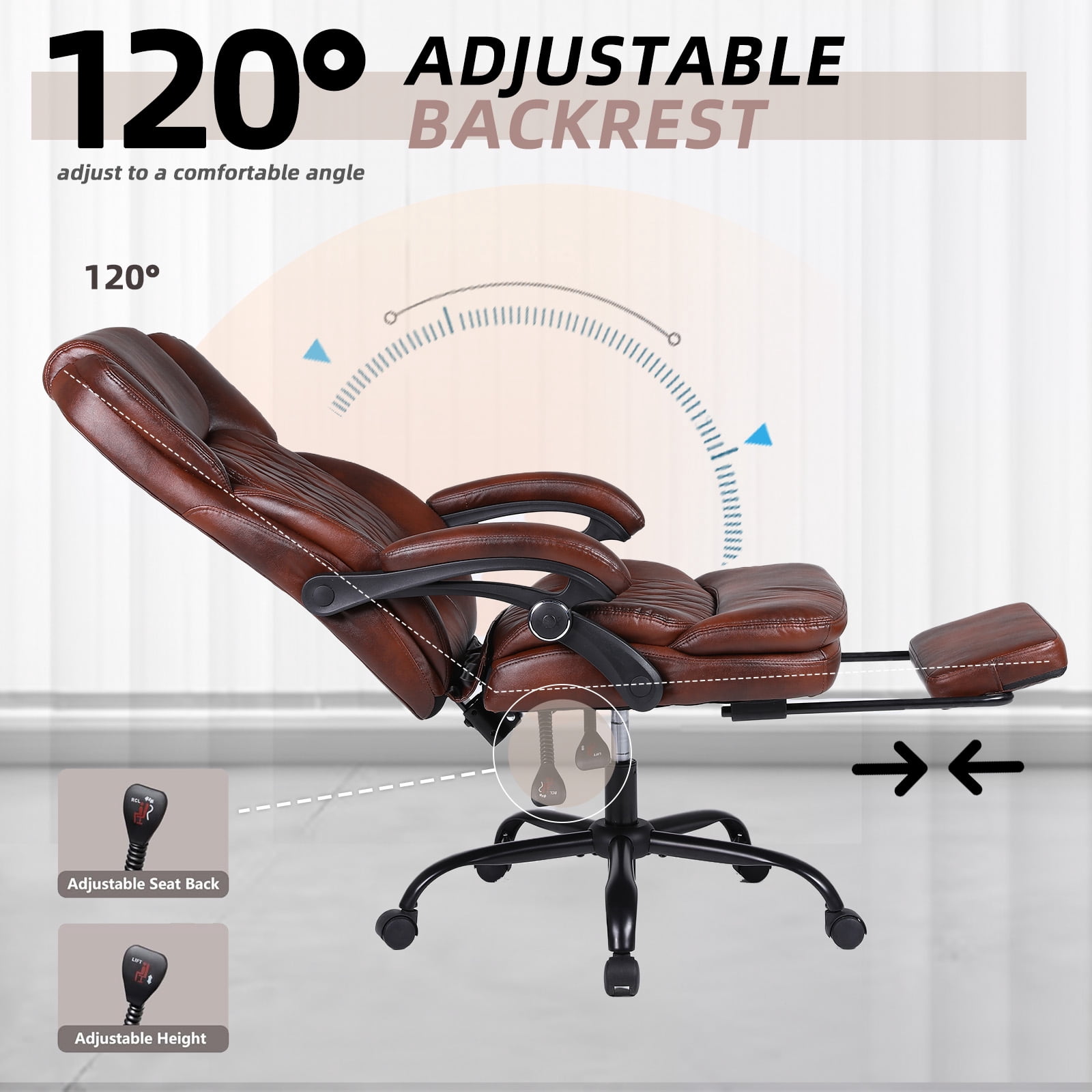 Big and Tall Office Chair, Executive Office Chair with Foot Rest, Home Desk Chair,Swivel Computer PU Leather Chair with Lumbar Support