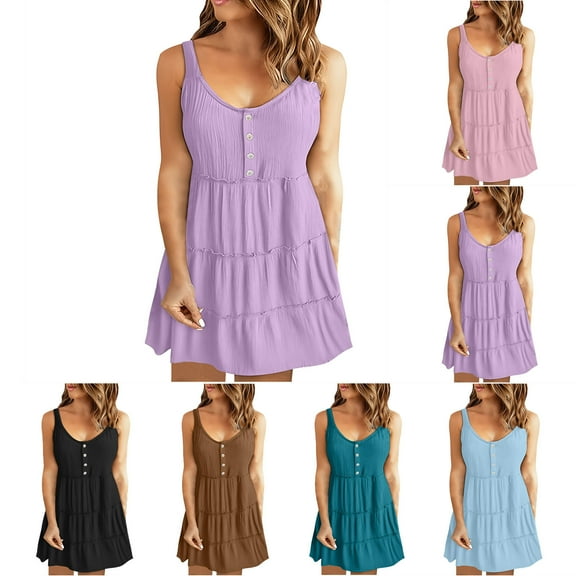 Hrsba Summer Plus Size Dress,Women's Fashion Summer Casual Suspenders Round-Neck Solid Color Sleeveless Dress,Womens Casual Camis Sleeveless Round Neck Dress