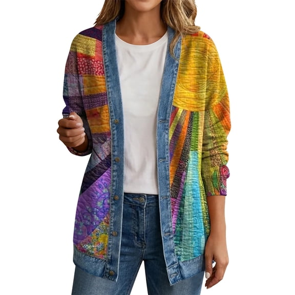 HAOTAGS Women's Long Sleeve Denim Jacket Lapel Collar Hoodless Jean Coat Button Front Casual Outerwear Multicolor Size 3XL