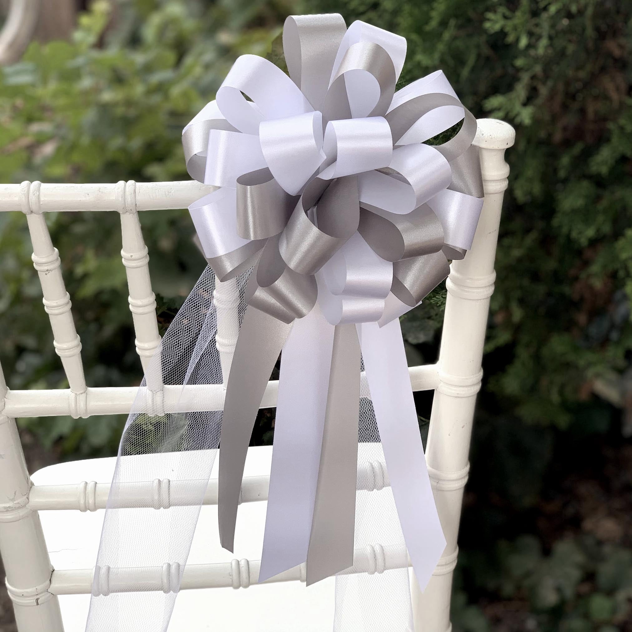 White and Silver Pull Bows with Tulle Tails - 8" Wide, Set of 6, Wedding Pew Bows, Aisle Decoration. Reception, Anniversary