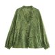 thumbnail image 3 of HH TRAF Camisa informal ajustada con estampado verde para mujer 2024, blusas holgadas de manga larga con escote en V y botonadura sencilla a la moda para mujer, 3 of 5