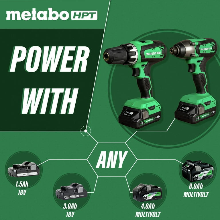 Metabo HPT 18V MultiVolt Hammer Drill and Impact Driver Combo Kit Cordless 2 2.0Ah Li Ion Batteries w Fuel Gauge Lifetime Tool Warranty