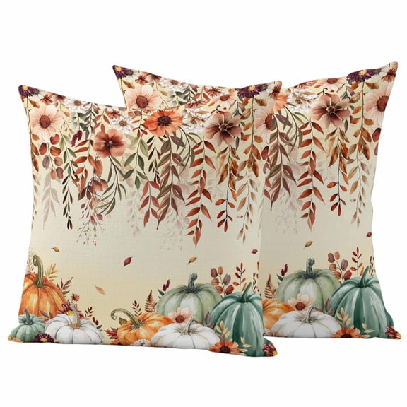 Orange Green Pumpkins Fall Outdoor Waterproof Pillow Covers, Thanksgiving Floral Botanical Decorative Square Throw Pillowcase Sofa Cushion Sham for Patio/Couch/Chair, 16"x16" 2 Pack