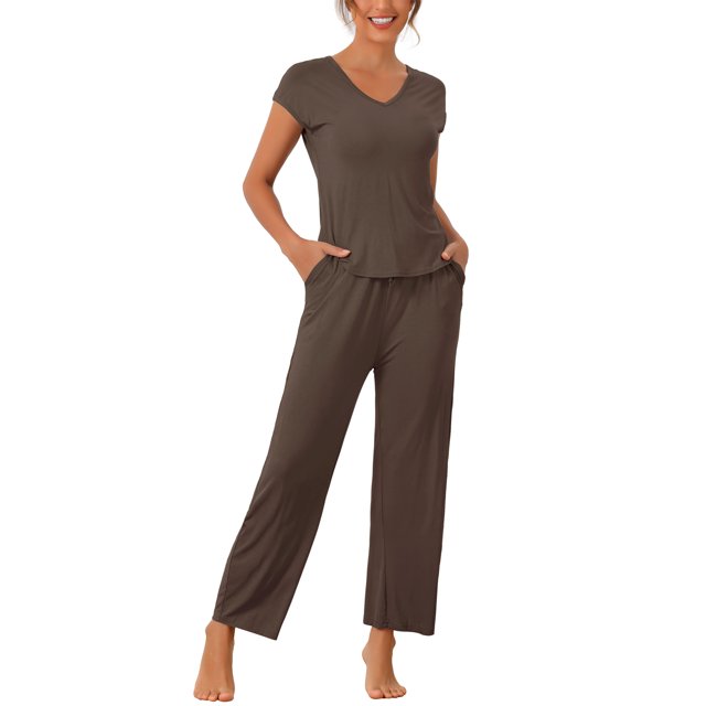 Conjunto de pijama casual de modal de manga corta para mujeres, Día de la Madre, 2 piezas, ropa de casa, pantalones largos, sudadera XS marrón