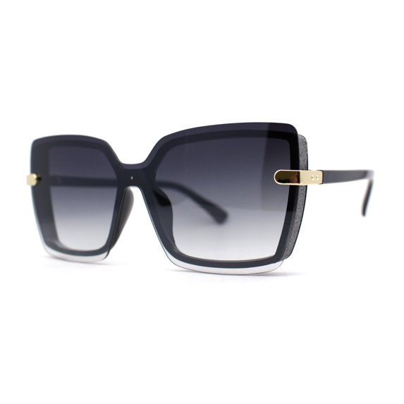 Womens Glitter Sparkling Shield Rimless Square Butterfly Sunglasses Black Silver Smoke