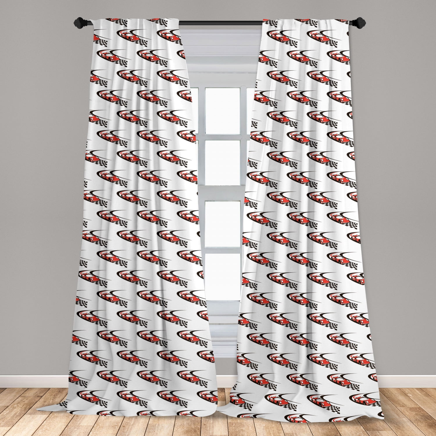 Cars Curtains 2 Panels Set, Speeding Fast Red Race Car on a Formula