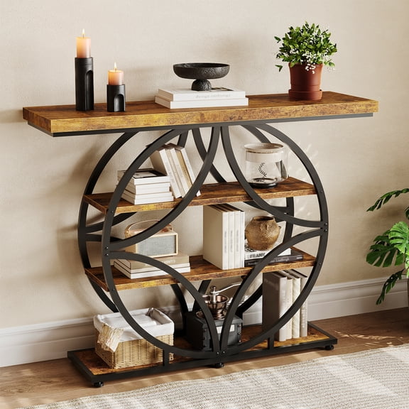 Garvee 41.3 Inch Entryway Table, Modern Console Table with Circle Base, Industrial Narrow Accent Table with 4 Shelves, Decorative Hallway Table for Living Room, Foyer, Entrance, Rustic Brown