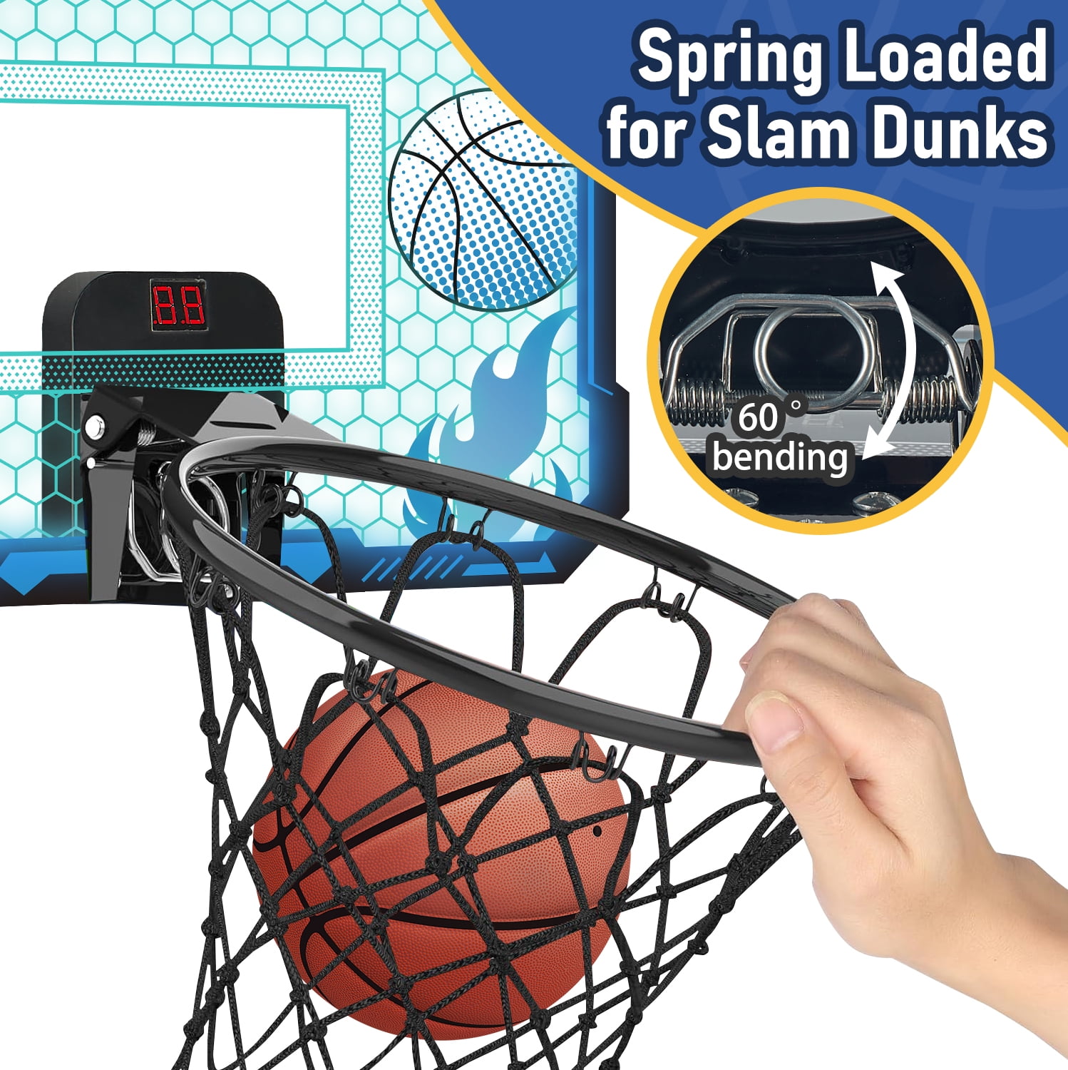 Indoor Basketball Hoop for Kids with 7 Color LED Lights, Remote Control, Over-the-Door Mount, Scoreboard - Gifts for 4-12 Year Old Boys & Girls