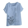 thumbnail image 4 of Cavosen Tops for Women Short Sleeve Artificial Cotton Linen Floral Print Button Summer Tees Round Neck Comfy Casual Dressy Pullover Blouse Lightweight Vacation Shirts Blue L, 4 of 4
