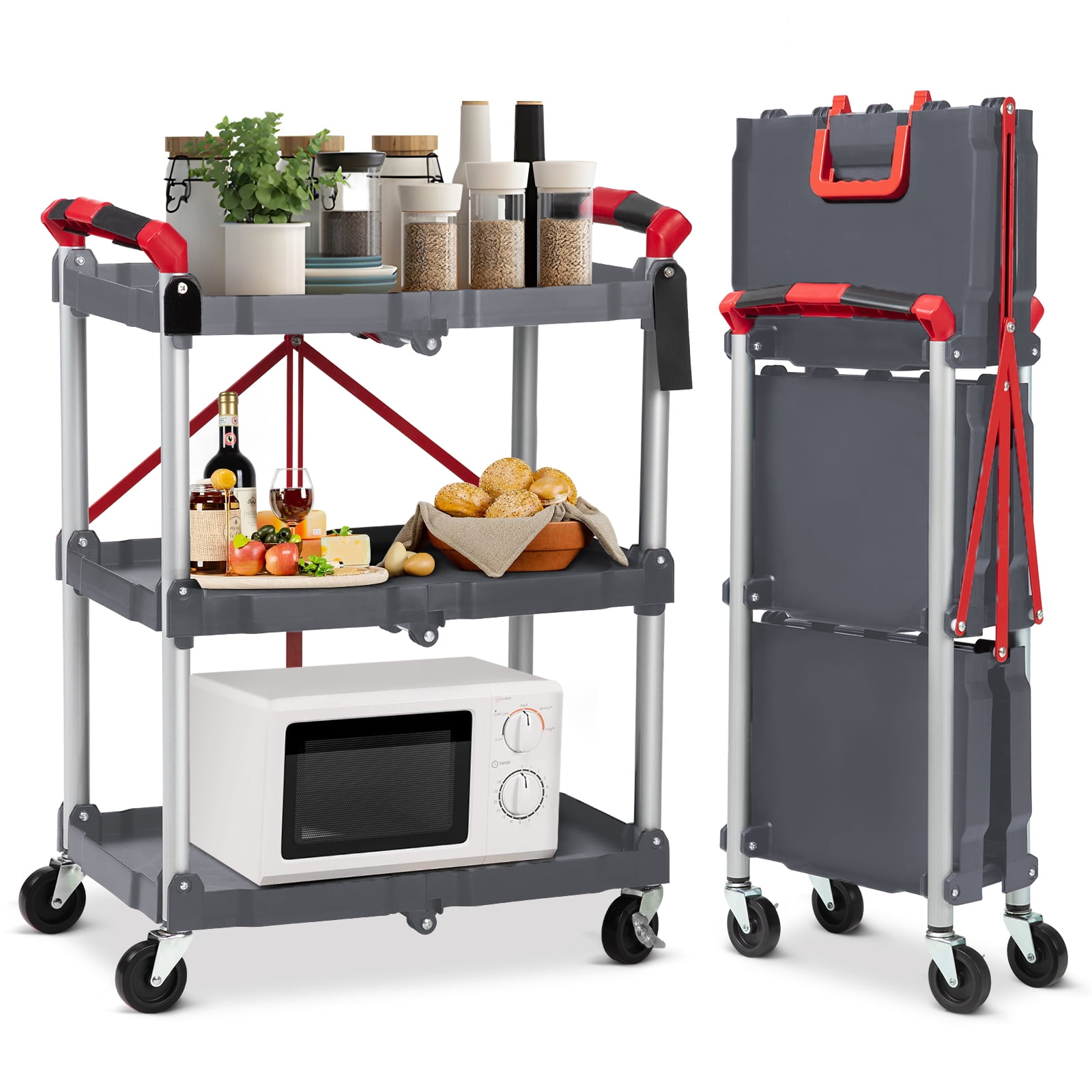 3-Tier Folding Collapsible Service Cart with Wheels, 167 Lbs Loading Capacity, Foldable Rolling Utility Cart for Garage, Warehouse, Home, Restaurant, Office, Grey & Red