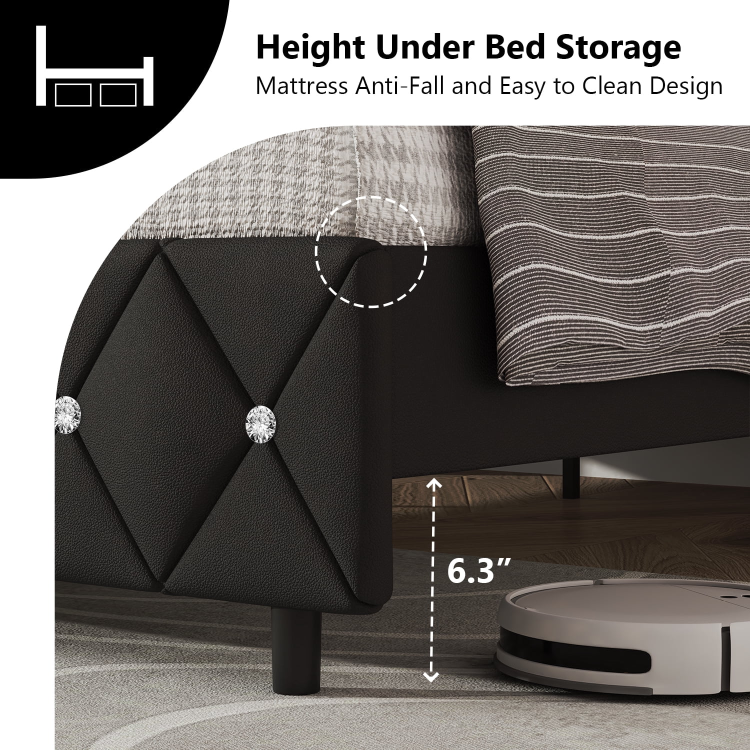4 EVER WINNER King Bed Frame, Upholstered Platform Bed Frame with Headboard and Footboard, Diamond Headboard and Footboard Design, Black