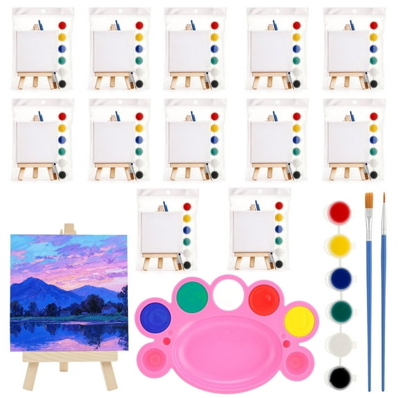 sixwipe 12 Set Mini Canvas for Painting with Wooden Easels, 121 Pcs Art Drawing Kit, 4x4 Canvases, 6 Paint Colors, 2 Brushes, 1 Palette, Complete Art Starter Kit for Beginners, Home, Class or Gift