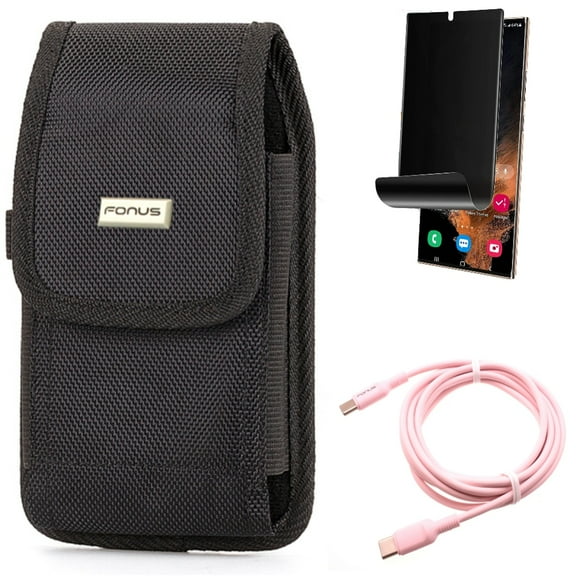 Case Belt Clip & Privacy Screen Protector & Pink 10ft Long Cable for Samsung Galaxy S22 Ultra (6.8") - Combo Rugged Holster Canvas & TPU Film (Fingerprint) Anti-Peep & USB-C to Type-C PD Fast Charger