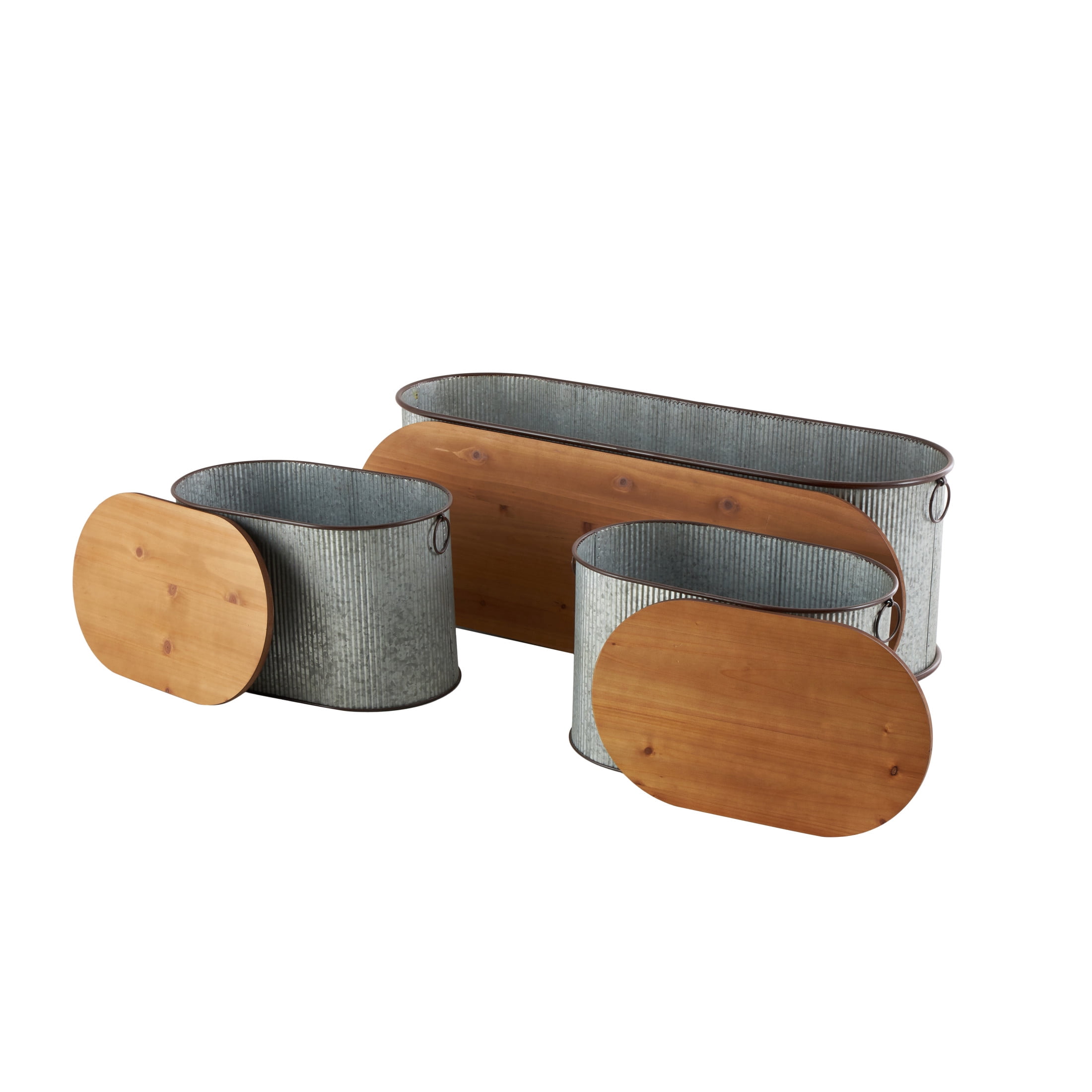 DecMode Metal Storage Bench with Brown Wood Top, Gray, Set of 3