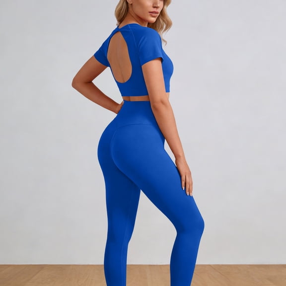LEWKW Workout Sets for Women 2 Piece Yoga Outfits Short Sleeve Open Back Crop Top And High Waist Leggings Matching Sets Gym Running Tracksuits