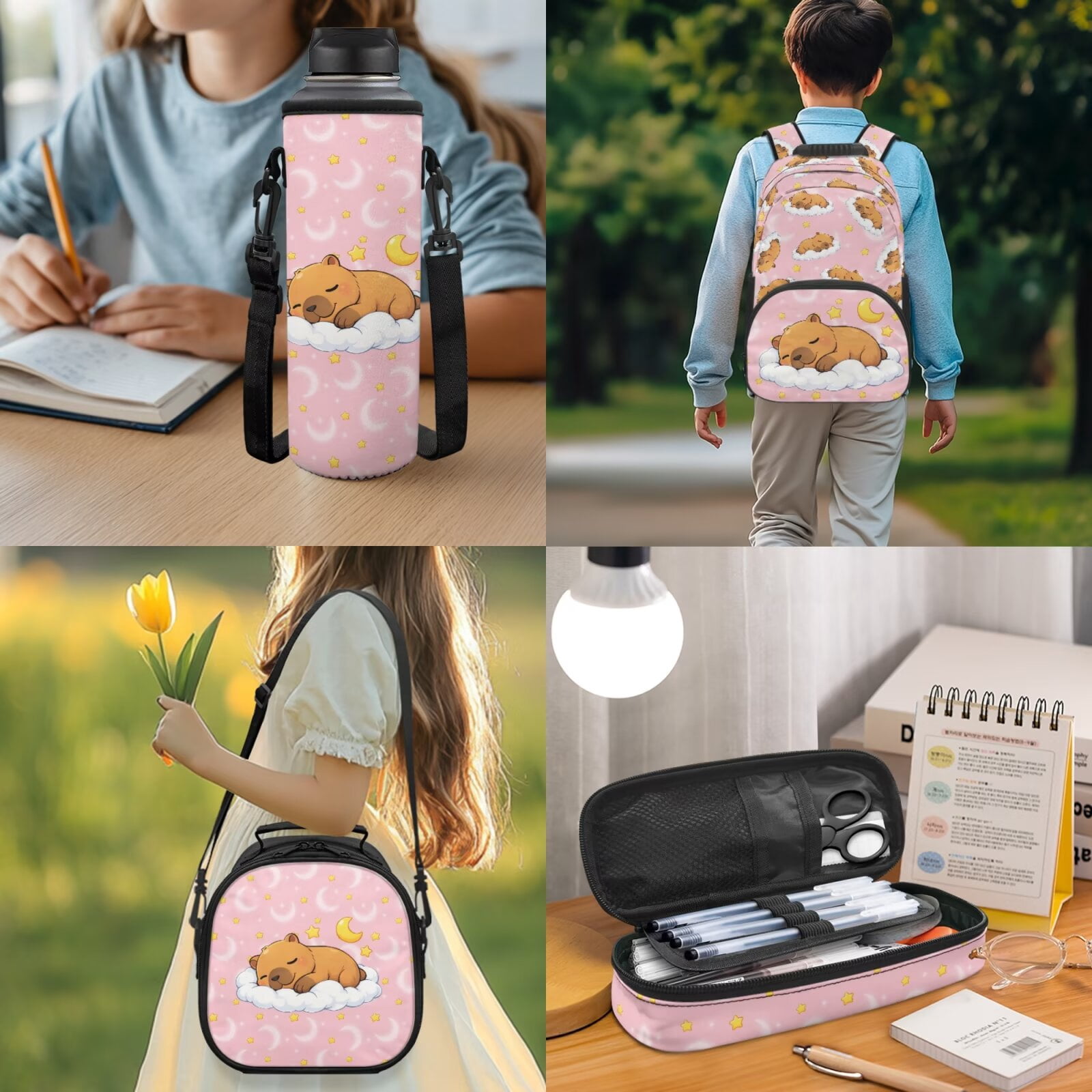 HUIACONG 4PCS Cute Capybara Kids Backpack Set Includes Bookbag, Lunch Box, Pencil Pouch, Water Bottle Sleeve 17 Inch Large Capacity Lightweight Build for Boys Girls Age 6-8