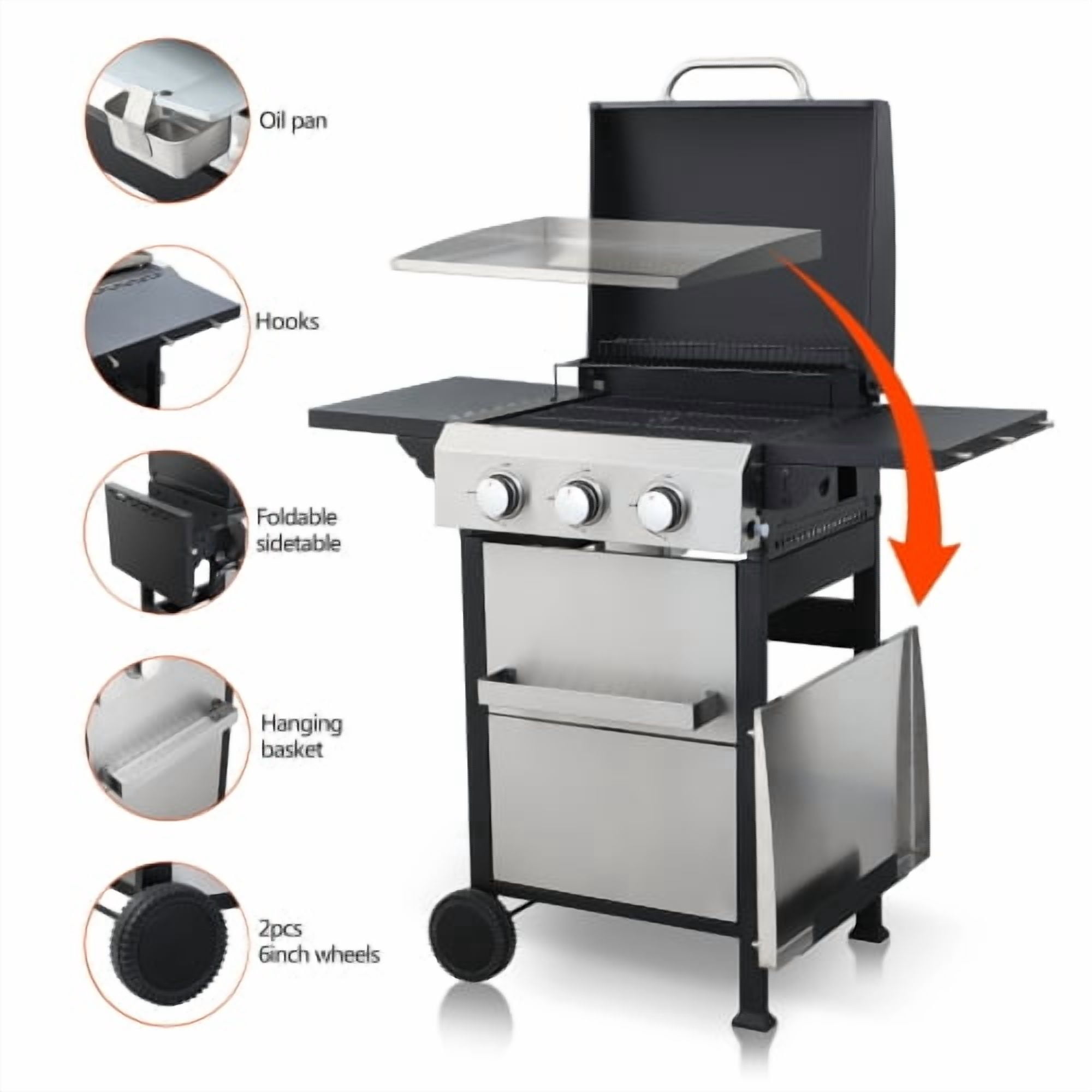 3-Burner Propane Grill with SS Plancha Griddle, 36,900BTU Outdoor BBQ, Enamel Cooking Grids & Foldable Side Table, Hanging Basket, Black+Silver