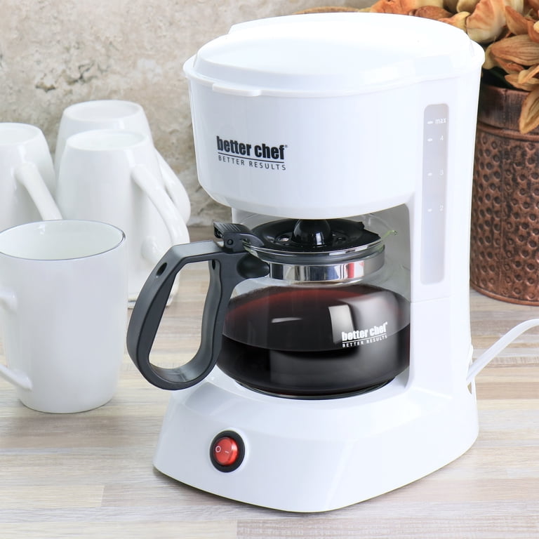 Better Chef Modern Kitchen Appliances: 4 Cup Compact Coffee Maker in White,  Removable Filter Basket - Walmart.com