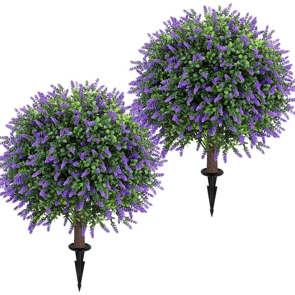 Artificial Lavender Topiary Ball Tree 25" with Ground Spike, Set of 2 Artificial Boxwood Bushes for Faux Shrubs, Fake Evergreen Faux Plant for Indoor Outdoor Porch Garden -UV Resistant–Fade-Proof