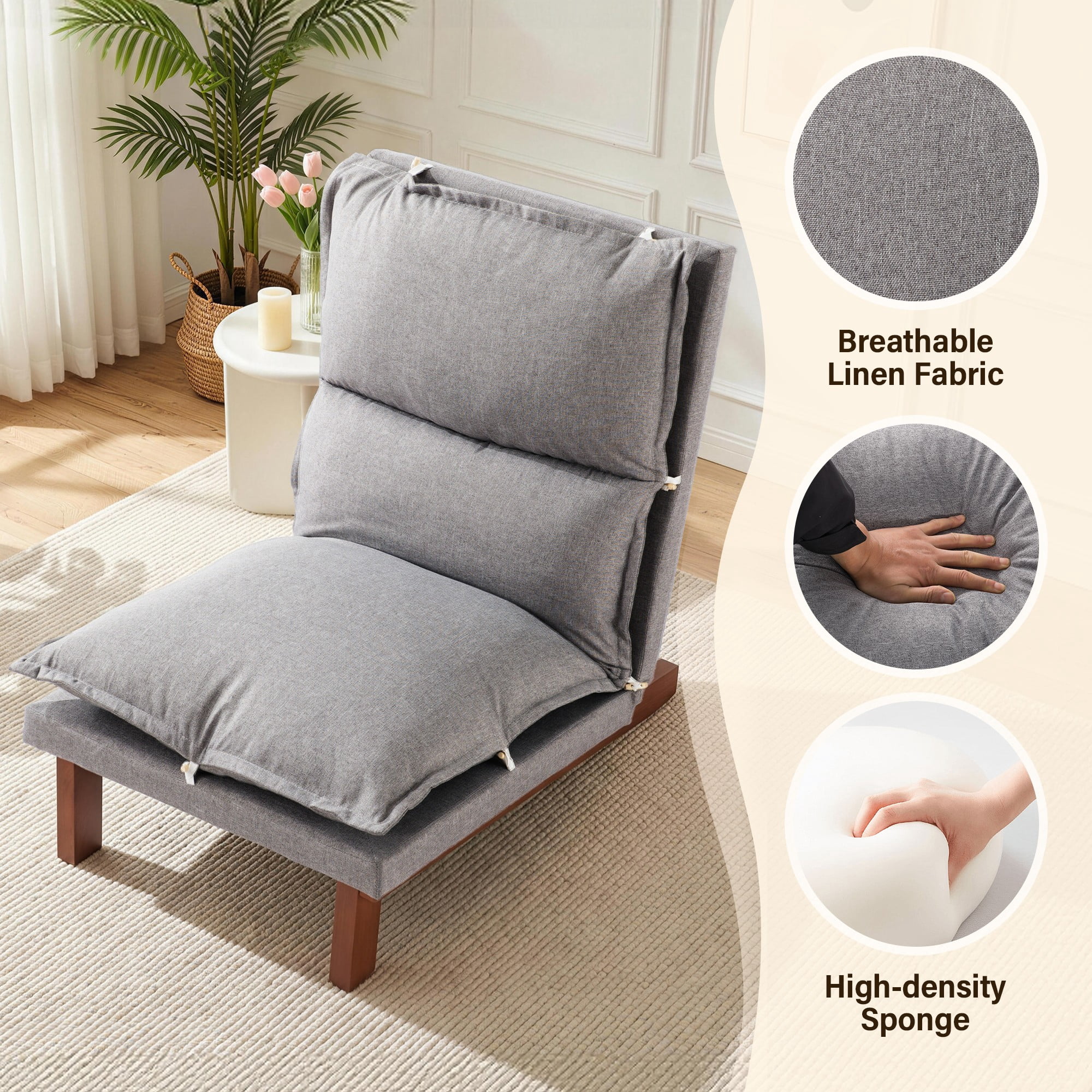 AENKYO 5-Position Adjustable Floor Lounge Chair, Gray Linen Tatami Recliner with Solid Wood Legs for Living Room