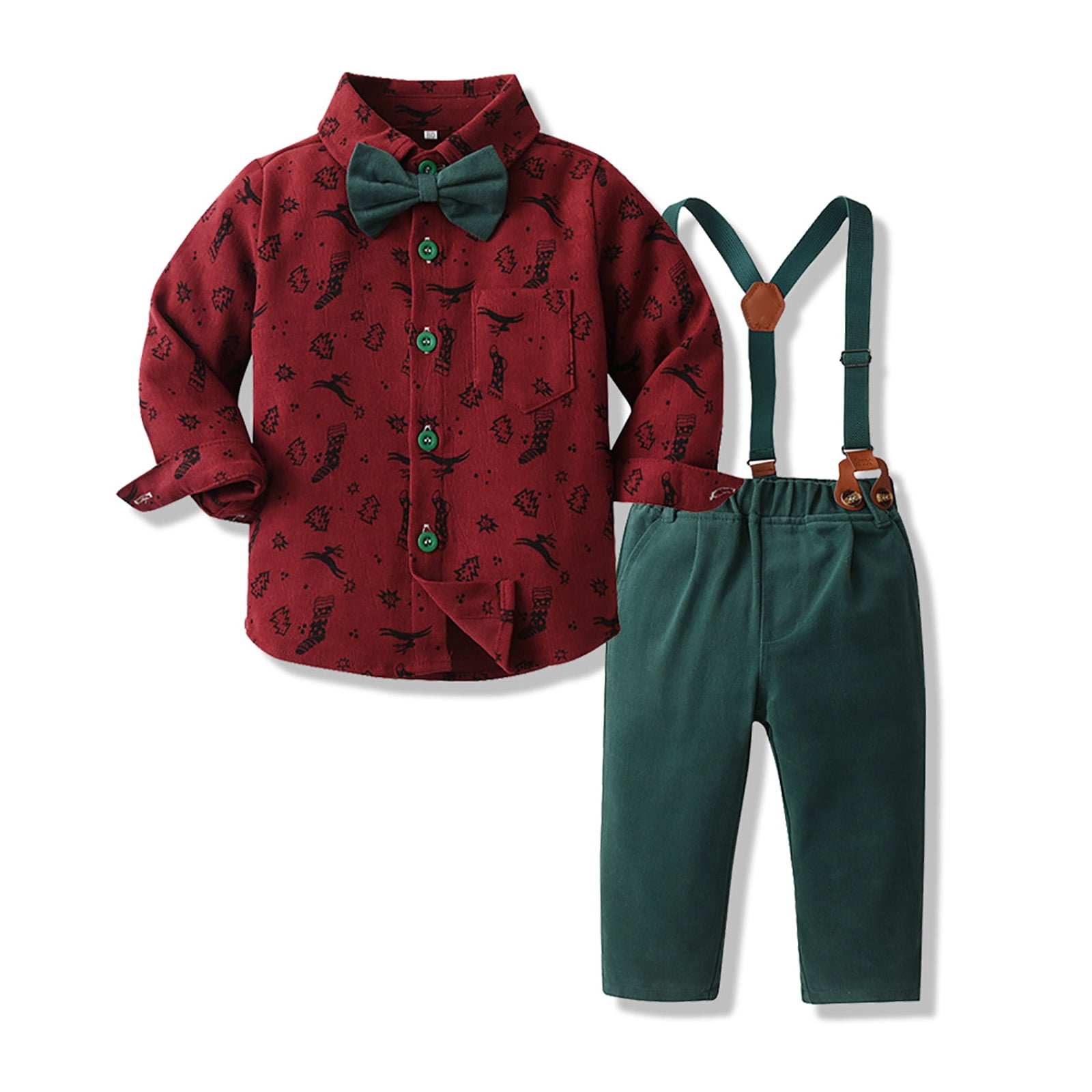 Splozh Boys Clothes Set Toddler Kids Gentlemen Suit Boys Long Sleeved Shirt and Overalls Suit Comfortable Soft Fashionable Christmas Print Gentleman Suit for Boys Brick Red,18-24 Months
