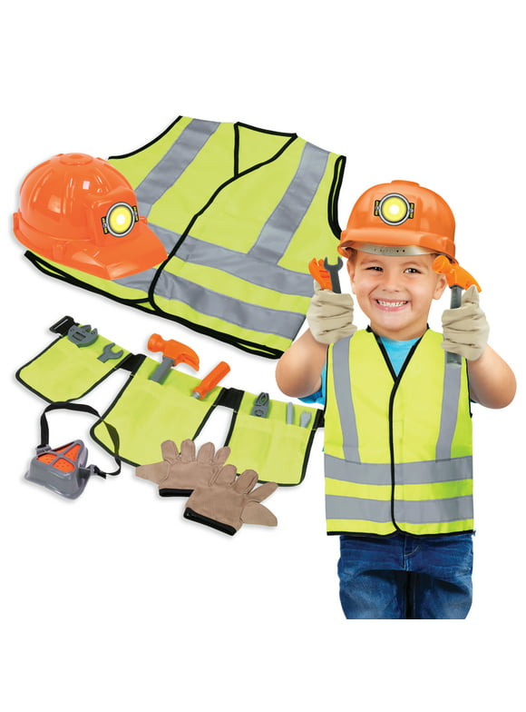 Construction Worker Costume for Kids Ages 3-6 | 12-Piece Kids' Dress Up & Pretend Play Set Includes Safety Vest, Tool Belt & Tools, Gloves, Helmet, Hammer, and More | 1 Size Fits Most