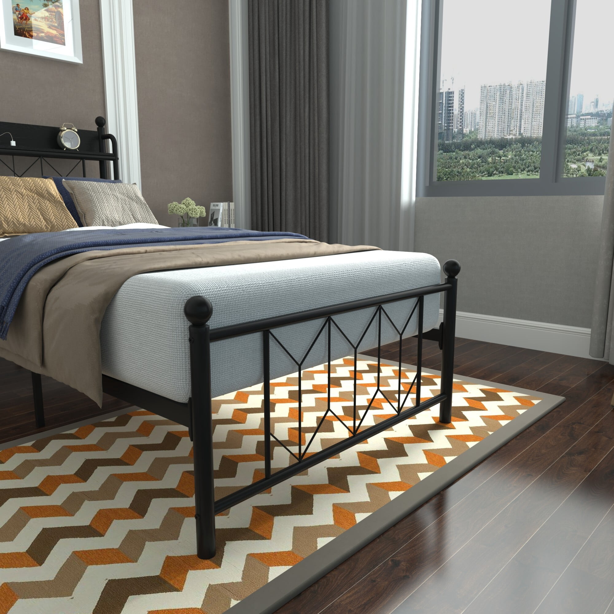 AENKYO Twin Bed Frame with LED Lights Headboard, Charging Station, Sturdy Metal Platform Bed with Shelf, Black