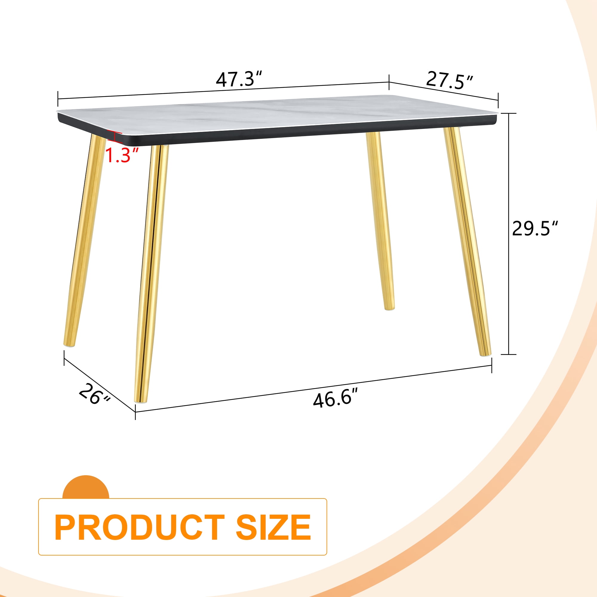 Mintazer 47.3 Inch Modern White Marble Vein Rectangular Dining Table with Tempered Glass Top & Black Table Edge, Minimalist Kitchen Table for 4-6 People, White & Gold