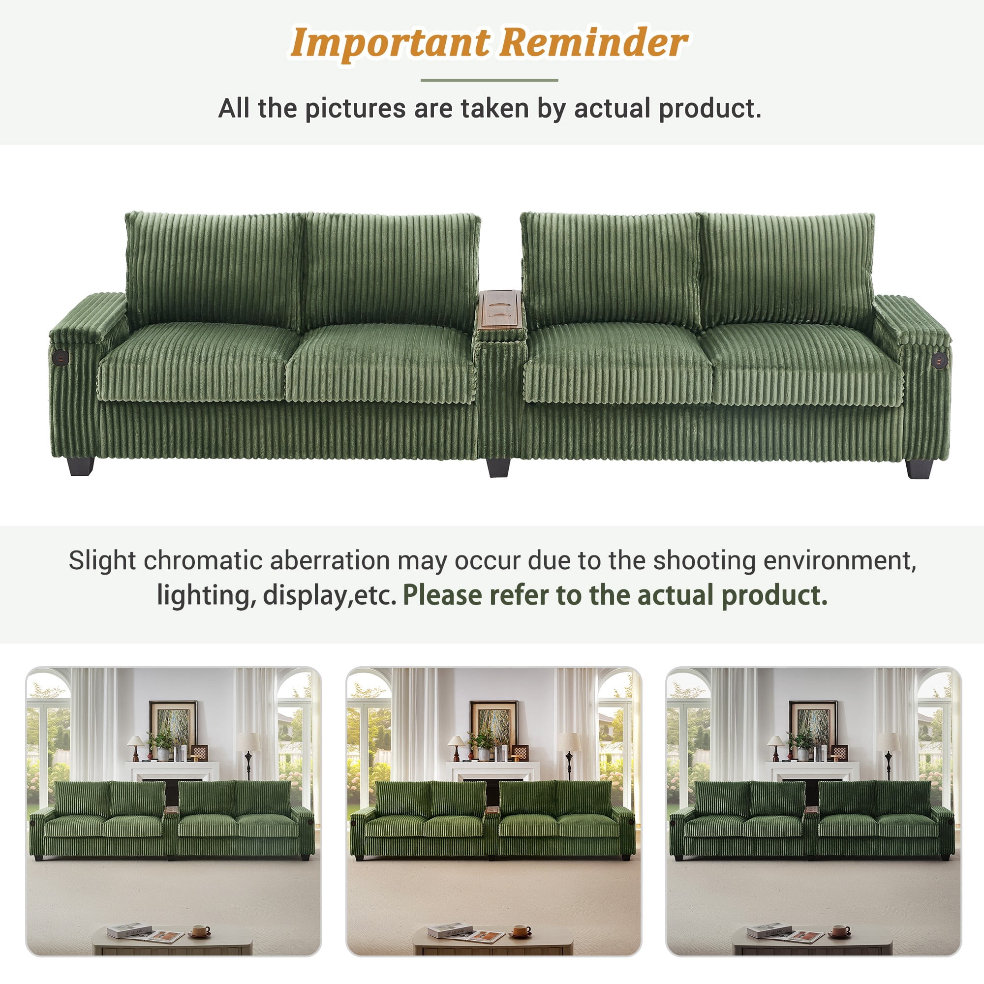 133" Modern Sofa,4-seater Corduroy Sofa Couch with USB Ports,Hidden Storage Arms, Flip-Top Cup Holders for Living Room,Green