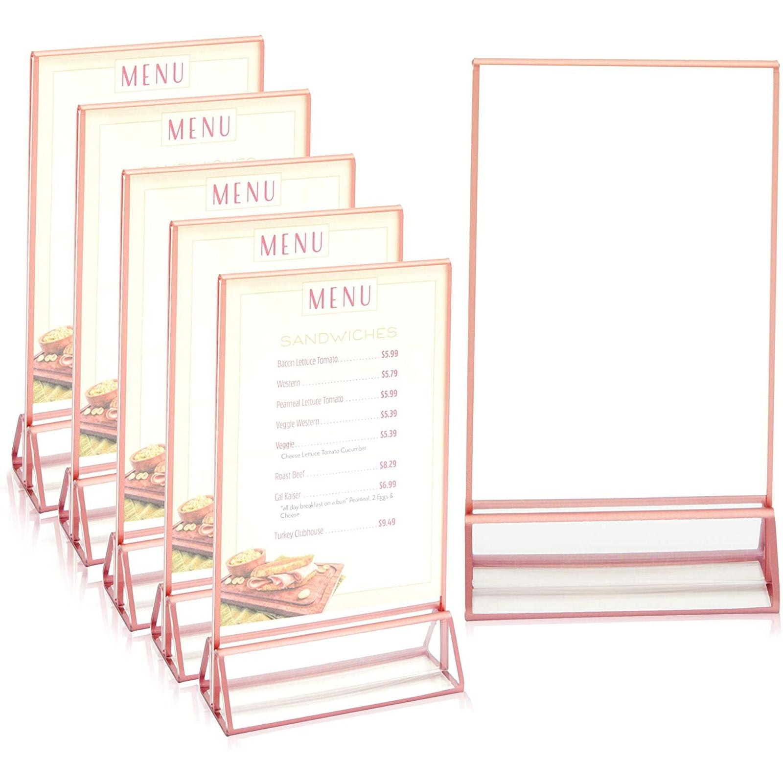 6 Pack Clear Acrylic Sign Holder for Wedding Table Number, Menu Stand, Double Sided Rose Gold, 5
