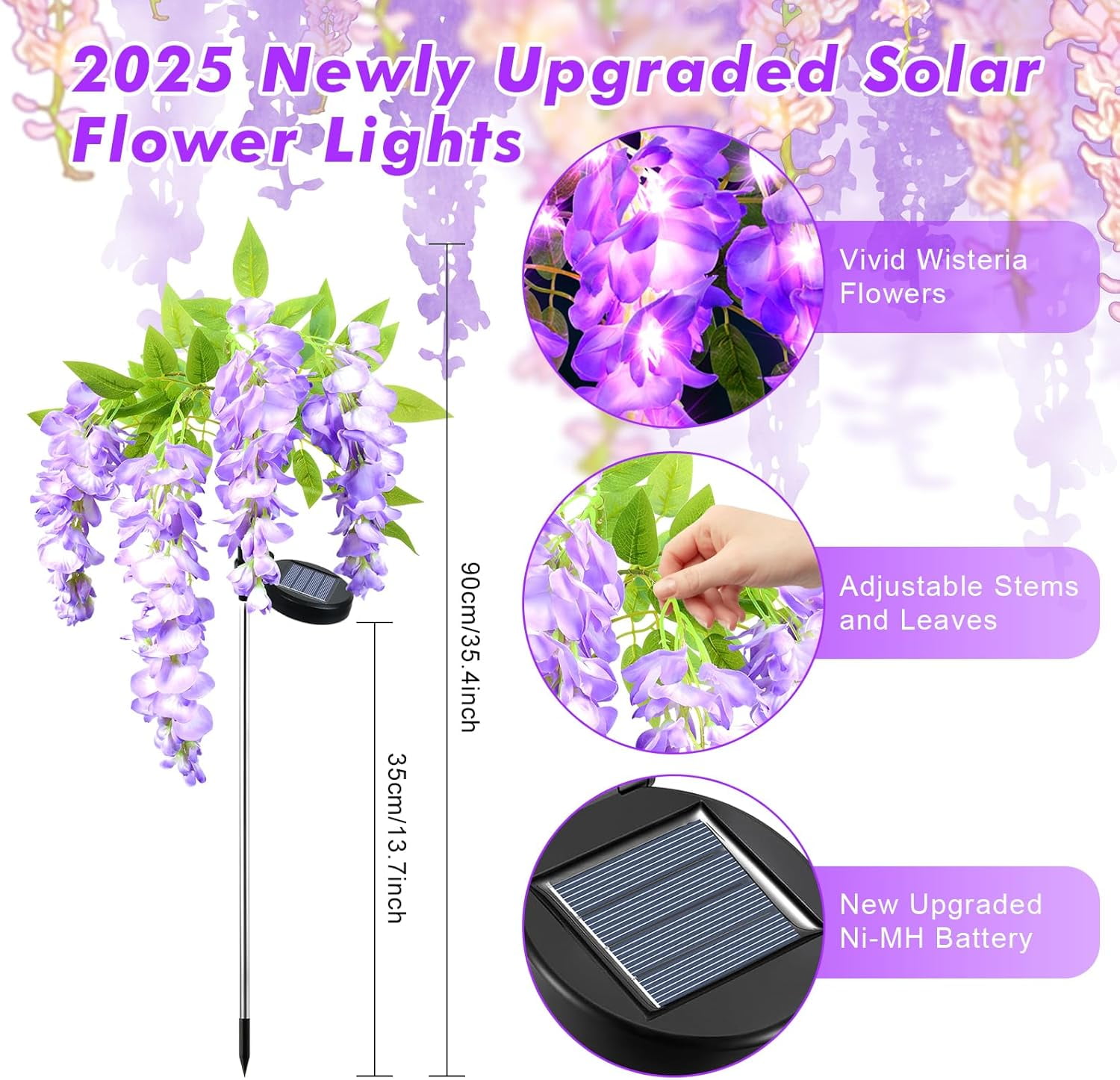 Ninonly Solar Garden Lights, 2 Pack Solar Pathway Lights, 2 Lighting Modes Solar Wisteria Flowers Lights Outdoor Waterproof for Landscape Courtyard