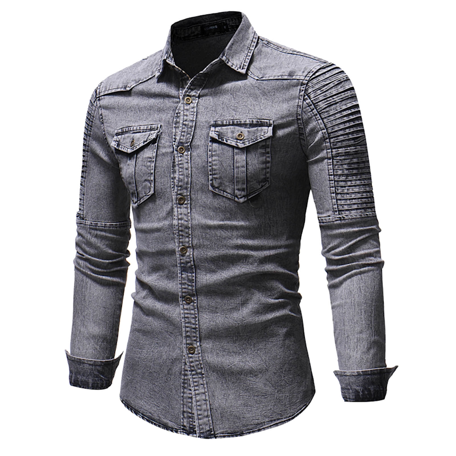 wendunide mens shirts Top Long Men's Blouse Pleated Stitching Sleeved Turn Down Collar Denim Men's Blouse Mens Dress Shirts Gray L
