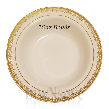 Cream With Gold Heavyweight Plastic Elegant Disposable Plates Cream With Gold Heavyweight Plastic Elegant Disposable Plates Wedding Party Dinnerware Prestige Collection