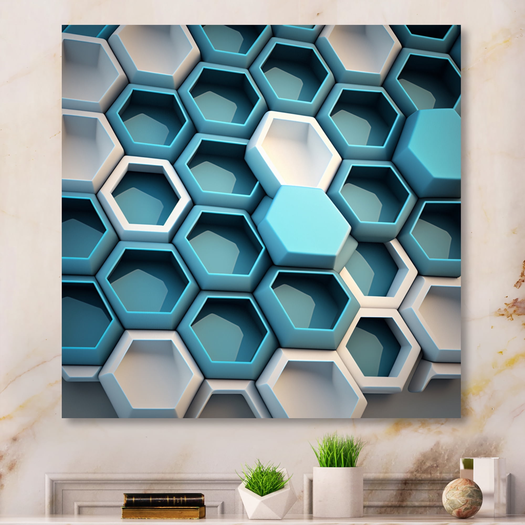 Designart Abstract Geomtric White And Blue Canvas Wall Art