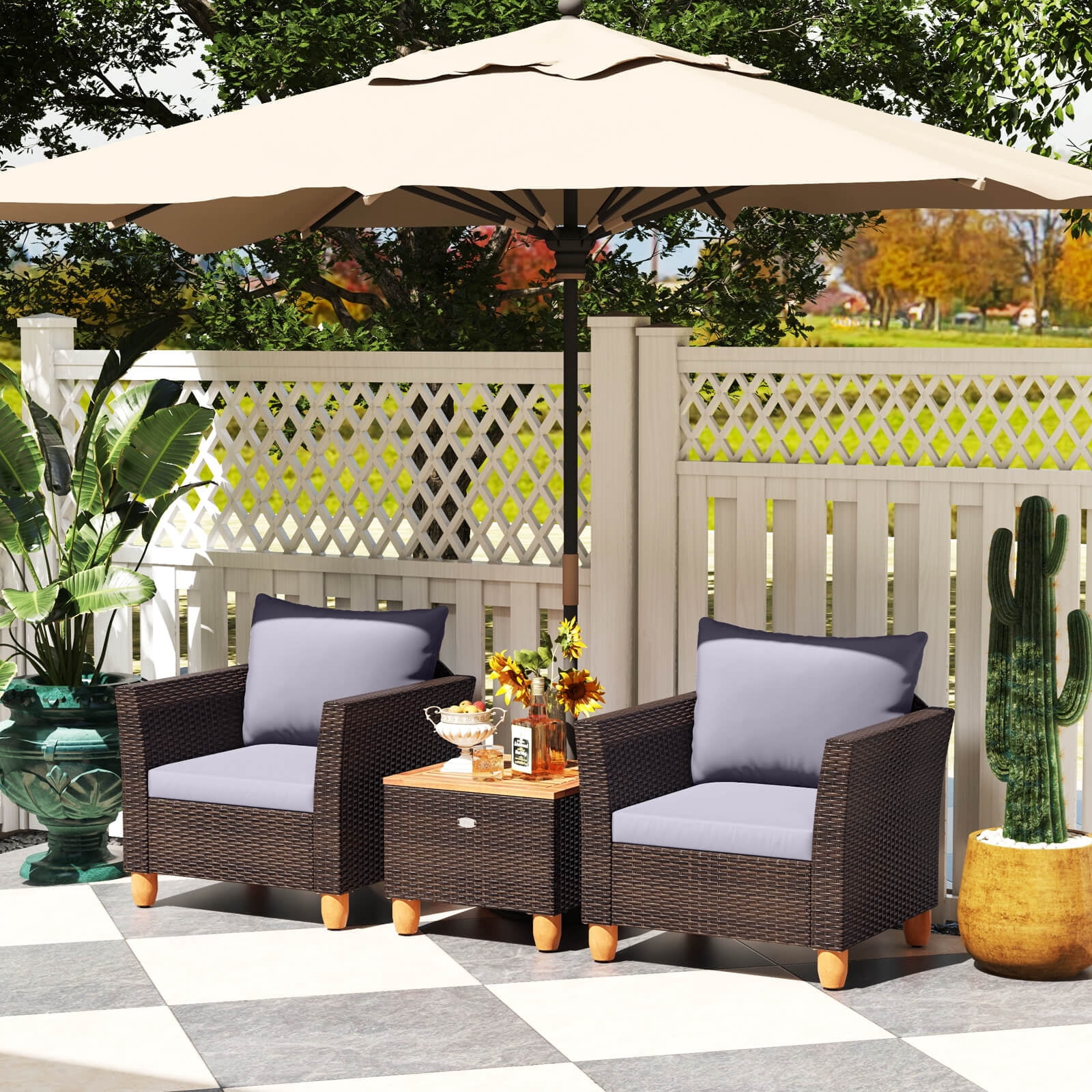 Costway 3 PCS Outdoor Patio Rattan Bistro Furniture Set Wooden Table Top Cushioned Sofa Gray