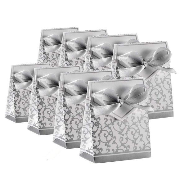 KUPOO 50PCS Candy Boxes,Silver Ribbon Wedding Favor Boxes Candy Bag Cake Box for Wedding Party Decoration Easter (silver)