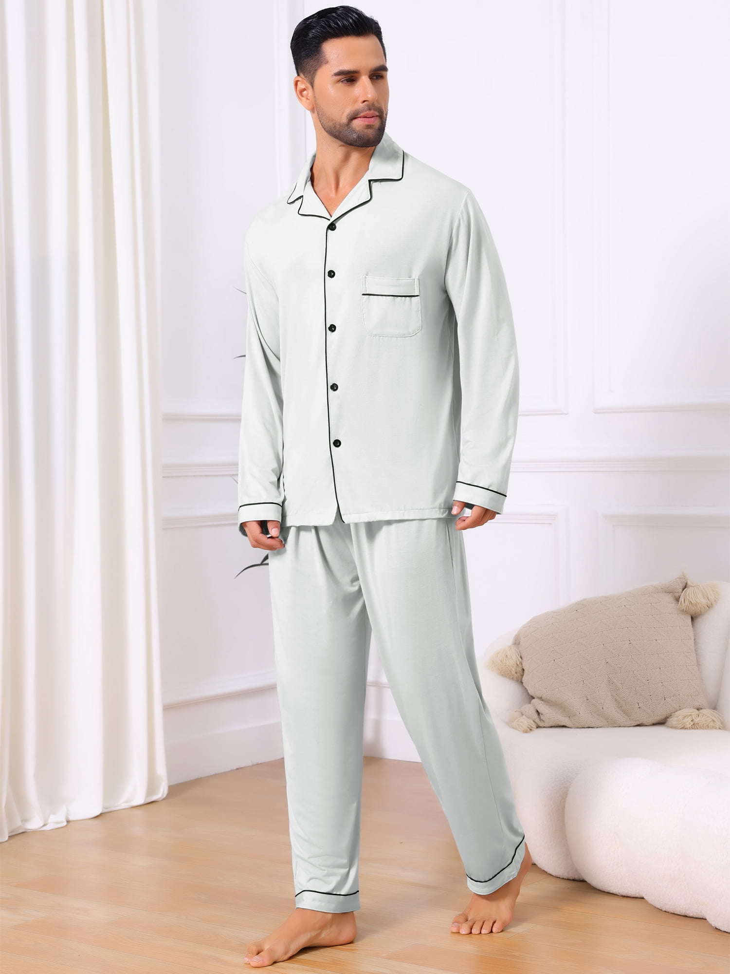 DARING DIVA Men's 2-Piece Long Sleeve Solid Color Button Down Pajamas Set S White Gray