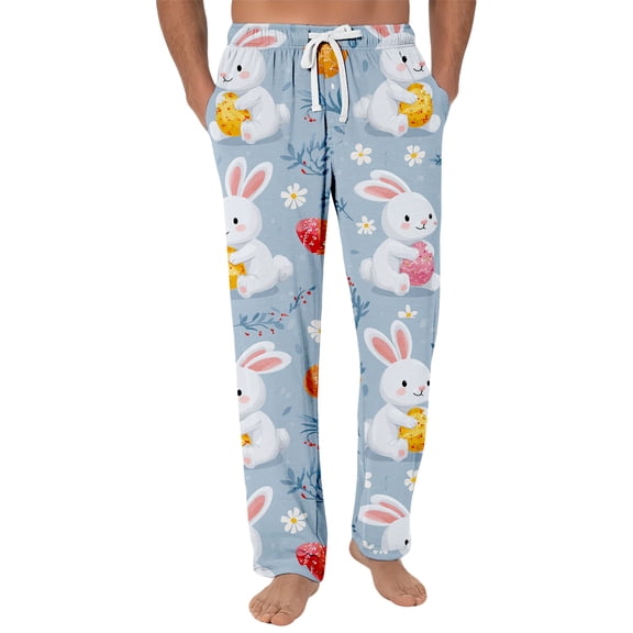 Fgvctg Easter Mens Pajamas Lightweight Wide Leg Sleepwear Pajama Pants Comfy Bunny Graphic Easter Eggs High Waisted Pjs Spring Drawstring Lounge Pants with Pockets Cyan M