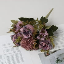 1 Pcs Fall Flowers Artificial Roses Mums Silk Fake Roses Mums Bouquet Faux Floral Arrangements Home Indoor Outdoor Planter Decor Party Wedding Table Autumn Decoration (Purple)