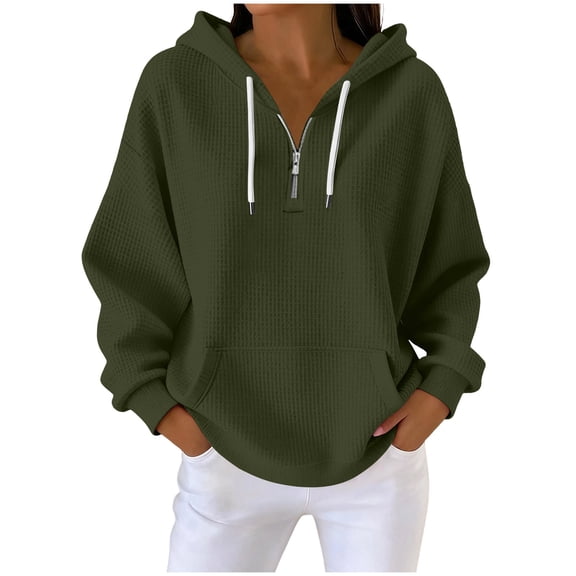 ZQUUVOU Waffle Knit Hoodie for Women Solid Color Drawstring Hooded Pullover Long Sleeve Pocket Streetwear Top Olive Green