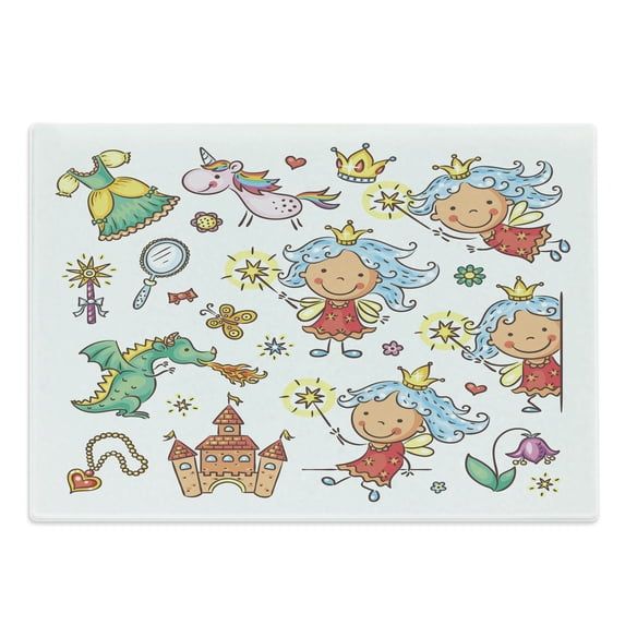 Cutting Board, Cartoon Cartoon Pattern with Magic Wand Dragon Dress Unicorn and Crown Little, Decorative Tempered Glass Cutting and Serving Board, Large Size, Multicolor, by Ambesonne