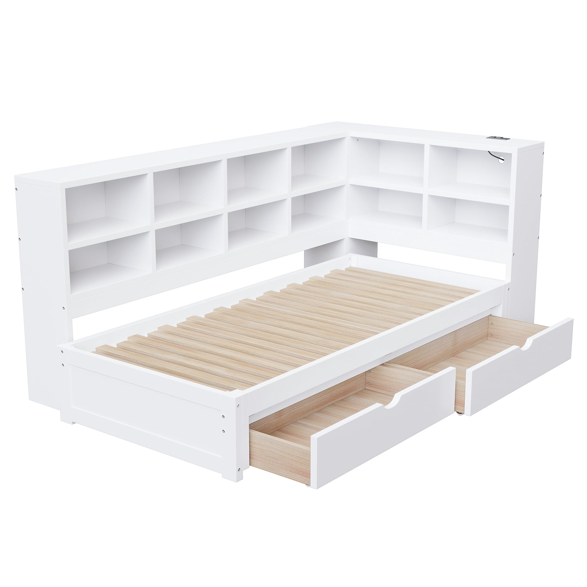 Euroco Wood Twin XL to King Size Daybed with Trundle and Drawers, Storage Headboard with LED Light and USB Ports, White