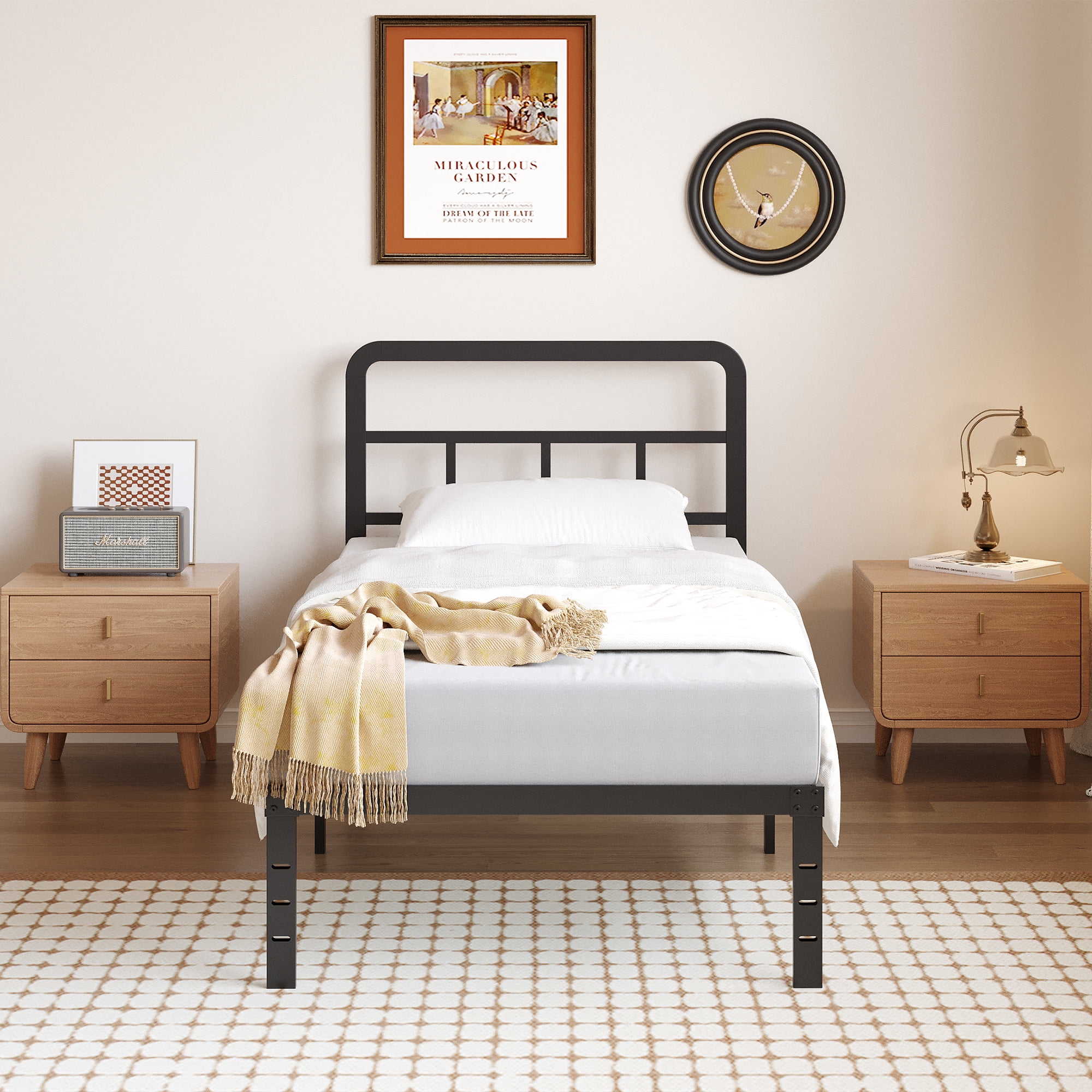 Maenizi, Iron Twin Bed Frame, 18 inch, Black with Headboard