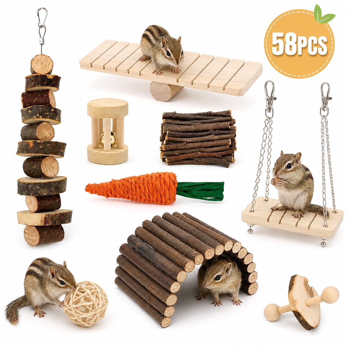 Hamster Chew Toys Rabbit Toys Guinea Pig Chew Toys Set ,Hamster Molar Toys Teeth Toy ,Swing Seesaw Bridge for Chinchillas Bunnies (wood 58pcs)