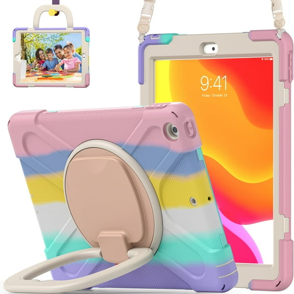 iPad 9th/ 8th/ 7th Generation Case,iPad 10.2 inch Rugged Kids Case 2021/2020/2019 with Screen Protector, Rotating Stand/Pencil Holder/Carrying Shoulder Strap - Colourful Pink