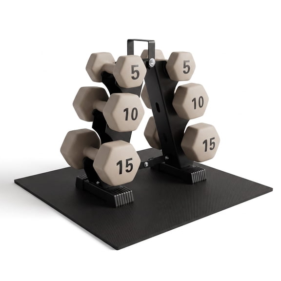 Aurorafy Neoprene Dumbbell Workout Set w/ Rack, Pair of 5 lb, 10 lb, 15 lb Weights, Beige
