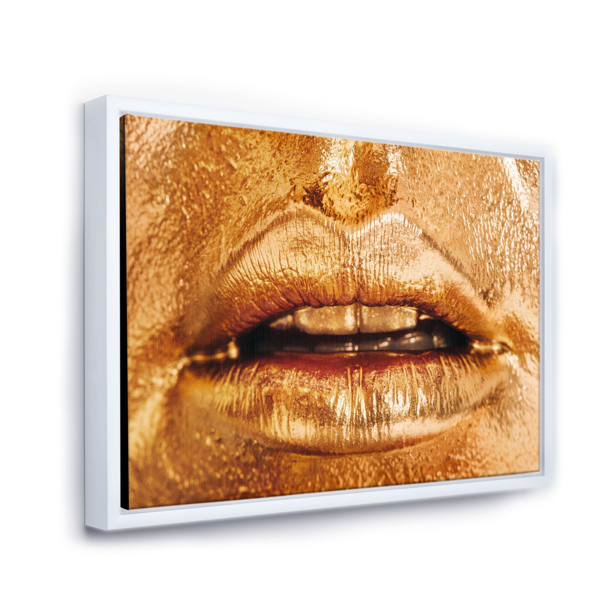 Close Up Of Female Lips With Bright Golden Makeup 20 in x 12 in Framed Photography Canvas Art Print, by Designart
