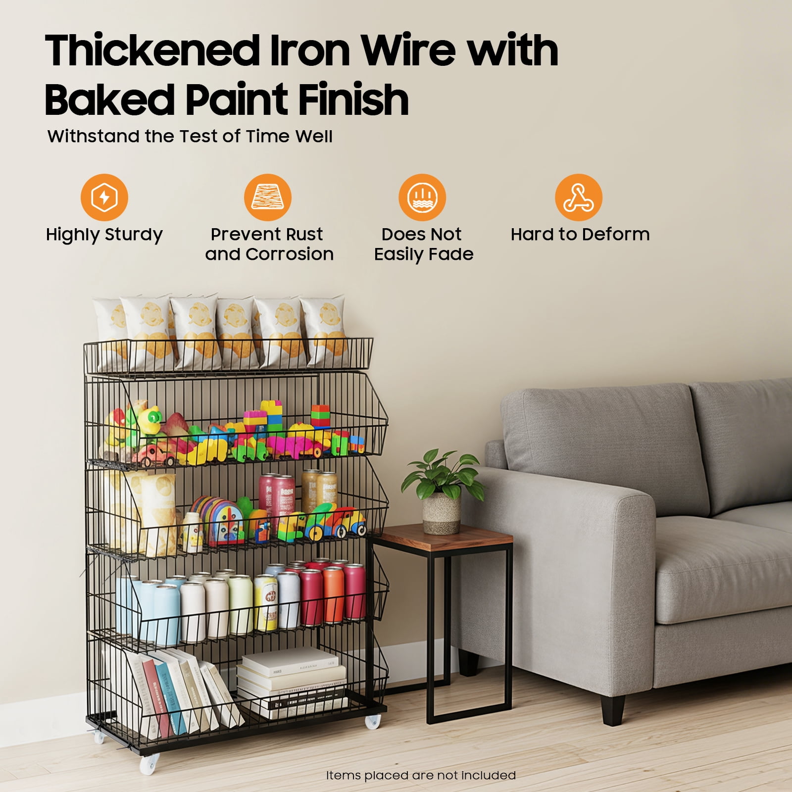 DUYIWAA 5 Layers Retail Display Rack Wire Grid Shelf Fruit Vegetable Snack Storage Basket with 4 Pulleys Black